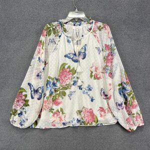 Haver & Blair London Top XL White Boho Floral Butterfly Blouse Tasselโ Neck Tie